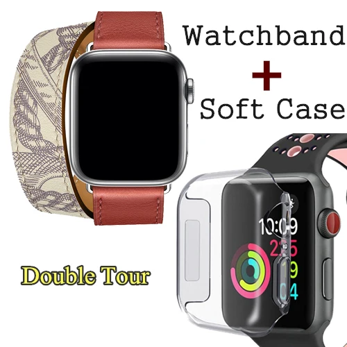 Brique Beton Herm логотип Swift кожаный двойной тур часы ремешок для Apple Watch серии 5 4 3 2 1 44 мм 40 мм Замена для iWatch 42 мм 38 мм - Цвет ремешка: Brique Beton