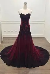 Vintage Black and Burgundy Red Gothic Wedding Dress Mermaid Sweetheart Lace Tulle Non White Victorian Bridal Gowns Bride Dresses