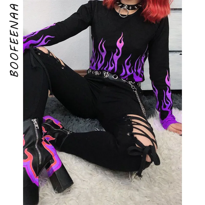 BOOFEENAA с принтом пламени тонкая круглый вырез футболка длинным рукавом для женщин