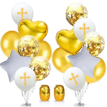 

12 Inch Cross Latex Balloon 18 Inch Aluminium Foil Balloons Set for Baptism Forked Holy Communion Party Christening Decoration