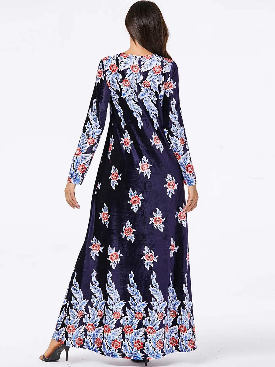 Бархатное длинное платье с золотым принтом хиджаб мусульманские Абайи Макси платье из Дубая платья из Индонезии индийская Арабская одежда