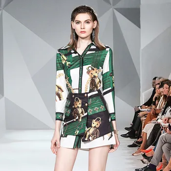 

Runway High-end Walk-show Printed With Shirt Dress + Irregular Mini Short Dress 2 Piece Set Women Grace Small Bear Printing Suit