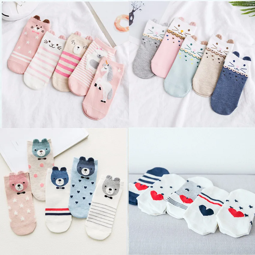 

5 pairs of straight cartoon pattern spring and summer socks series a variety of optional three-dimensional ears cute socks new