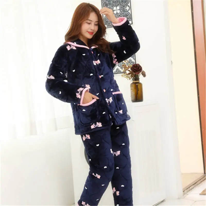2 Piece/lot Winter Women Pajamas set Sweet Thick Flannel  Long Homewear Sleep Lounge Velvet Pajama Female Pyjama best pajamas for women