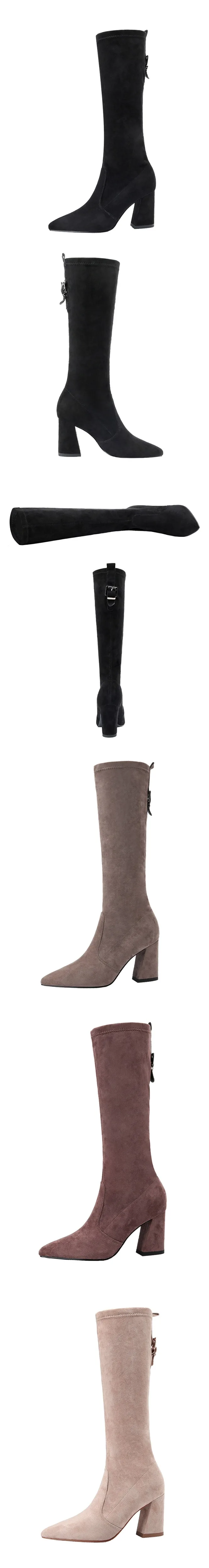 brand designer slim long winter boots women pointed toe thick high heels knee high boots cozy plush flock knight botas mujers614