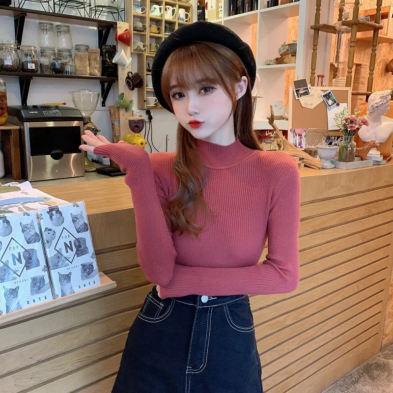 Весенняя водолазка, Женские однотонные свитера с длинным рукавом, приталенный женский свитер, новинка, женские облегающие свитера с высоким воротом