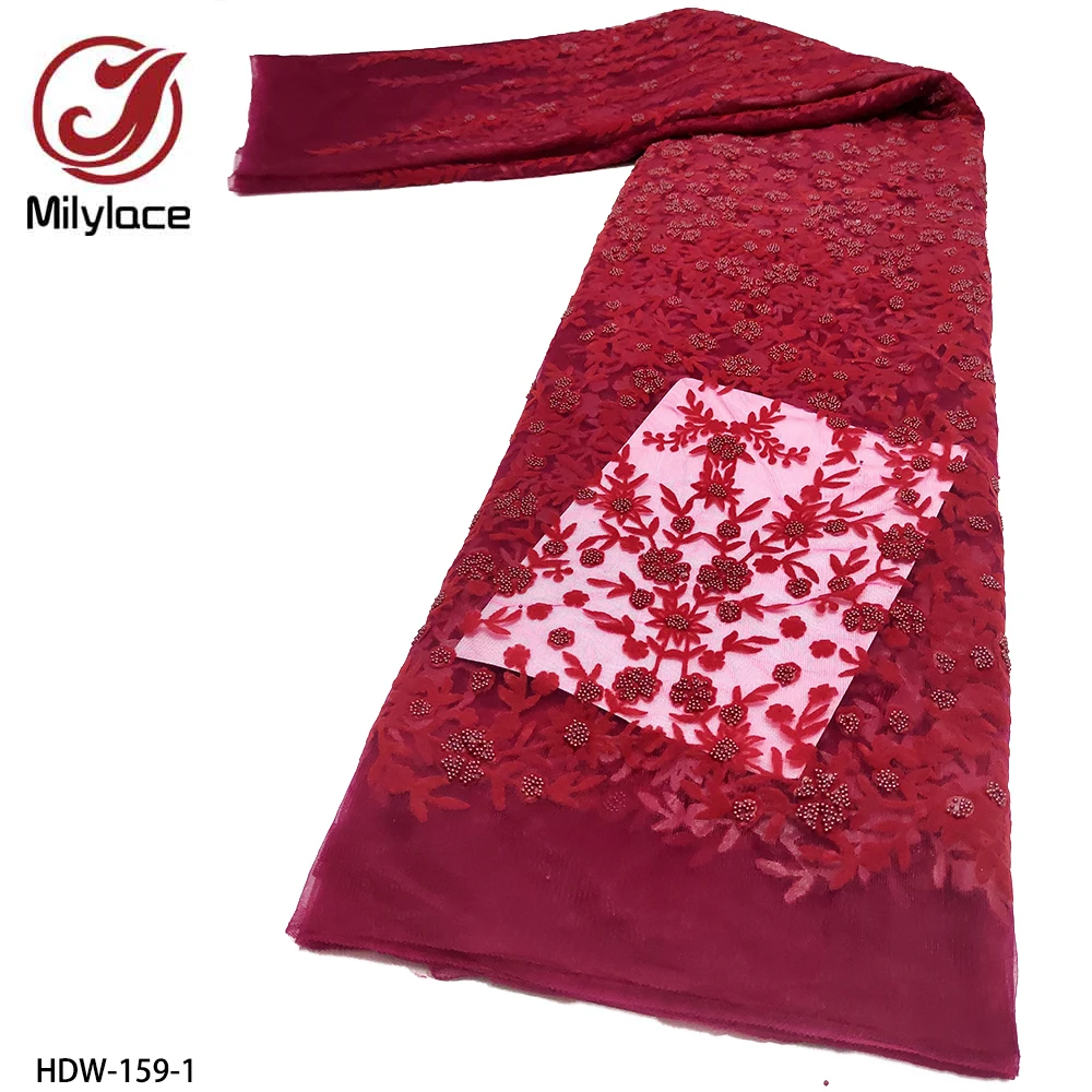 

High Quatily French Lace Fabric Embroidered Beads Lace with Nice Desiger Tulle Lace Fabric for Wedding/ Party Dress HDW-159