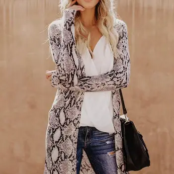 

Women Casual Long Sleeve Cotton Cardigan Loose Fashion Snakeskin Print Tops Slim Fit Medium Length Pattern Top for Female Lady