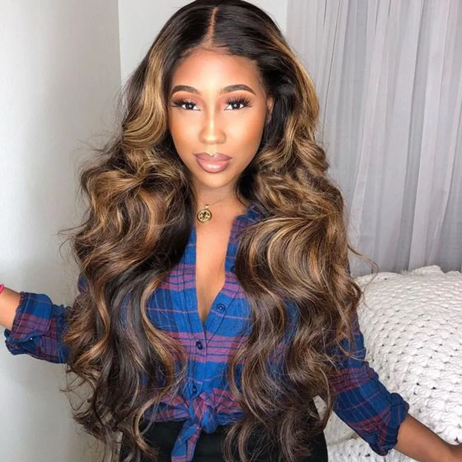 Ombre Colored Human Hair Wigs Deep Part Honey Blonde Highlighted Wigs Natural Wave Remy Preplucked Ombre Brown Lace Front Wig