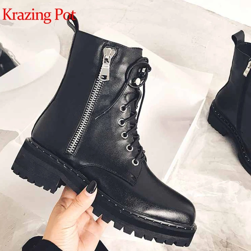 

krazing pot new cow leather square toe cross-tied punk rock singer design rivets model wear med heel brand shoes ankle boots l03