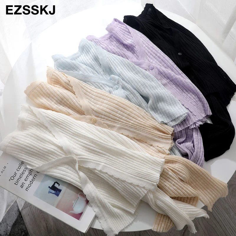 summer short thin knit v-neck crop cardigans Women one button Cardigans coat sweet long sleeve female solid color chic jacket |