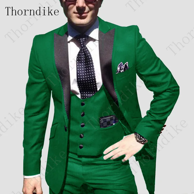 Thorndike brown men's spring autumn groom wedding dress solid color suit red royal blue green costume(jacket+ vest+ pants