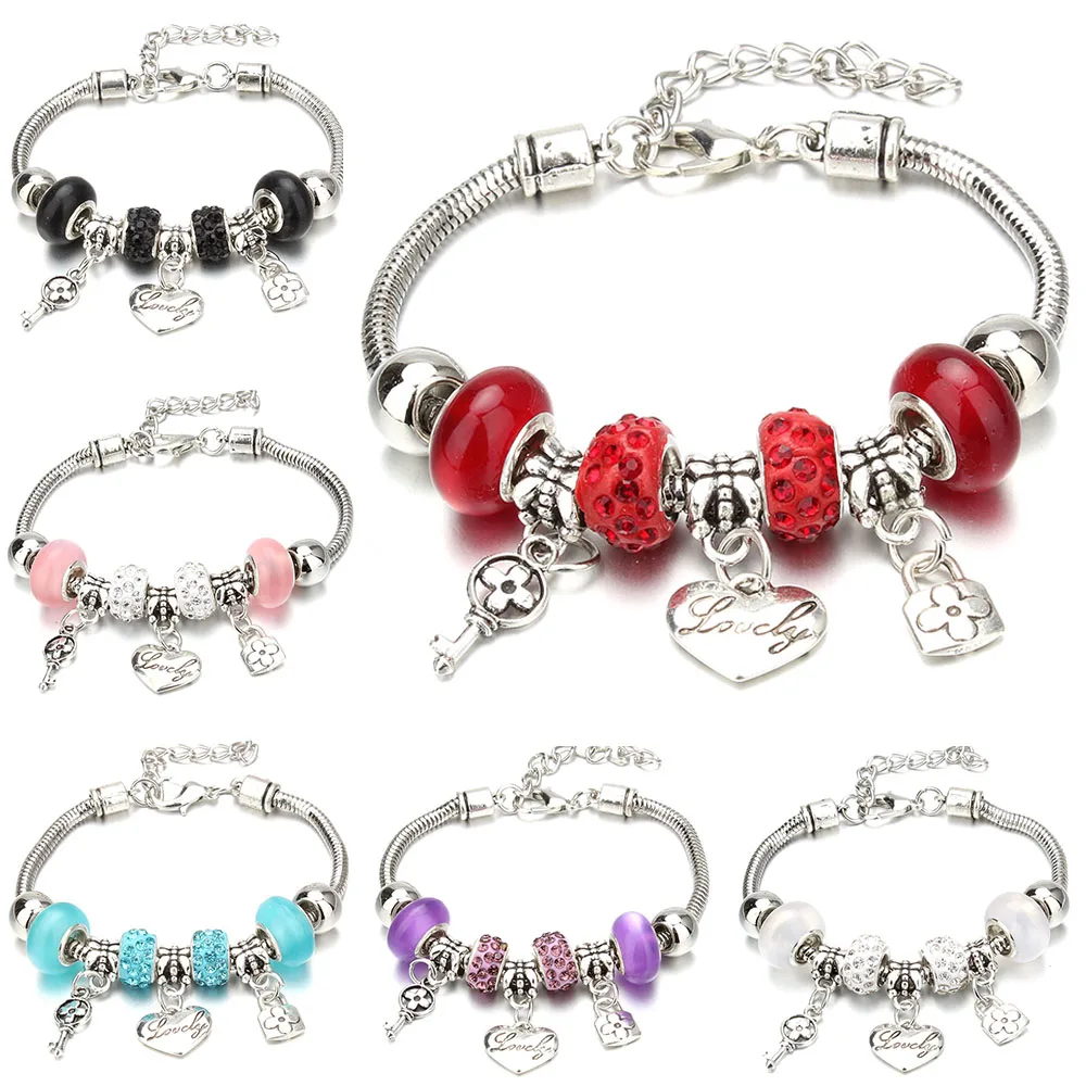Antique Original Love Heart Key Lock Shape 6 Colors Charm Bracelets for Women Clay Beads Bracelet & Bangle DIY Jewelry Gifts Bracelet Jewelry
