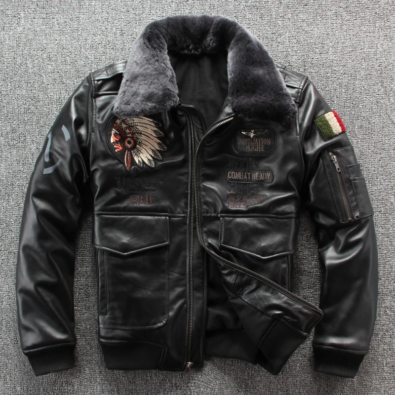 Коричневая Мужская итальянская Военная кожаная куртка больших размеров XXXXL с шерстяным воротником больших размеров XXXXL из натуральной овечьей кожи - Color: Black