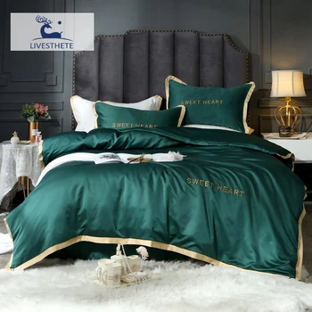 

Liv-Esthete Luxury 100% Silk Green Bedding Set Silky Duvet Cover Healthy Skin Pillowcase Flat Sheet Double Adult Bed Linen Set