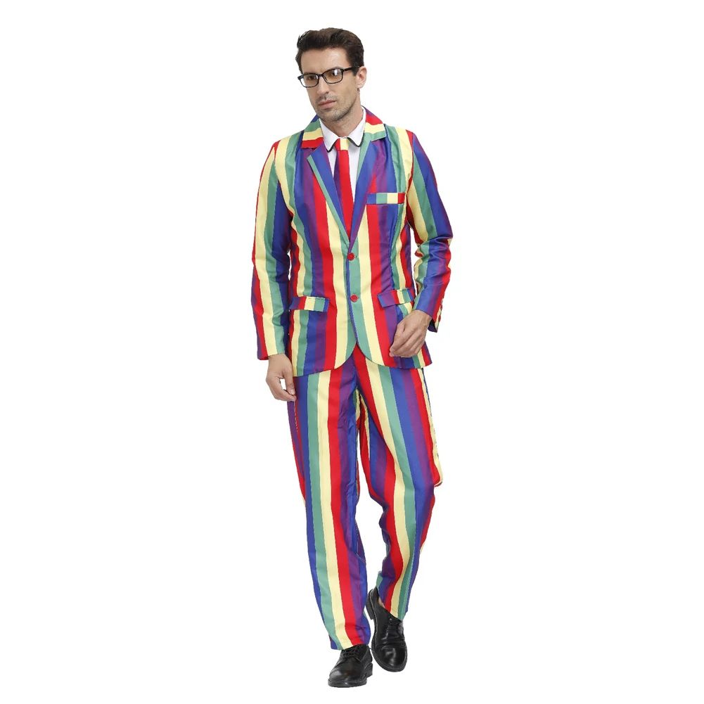 

New Fashion Men's Colorful Striped Suits Vintage Rainbow Outfit Halloween Cosplay Costume Party Performance Stage Wear For Man