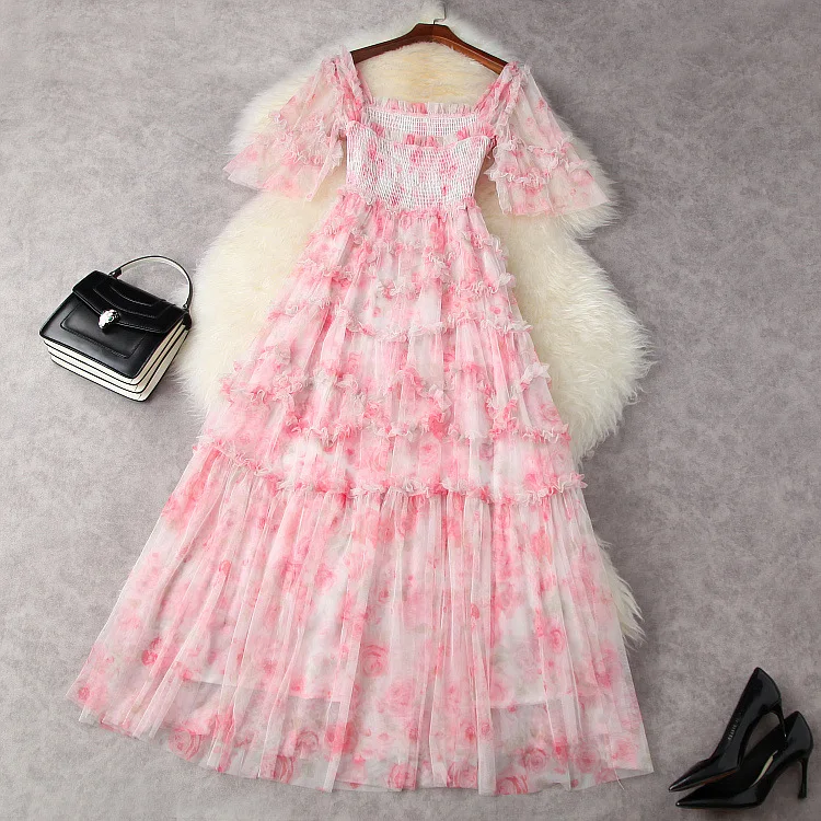

European and American women's wear for summer 2021 Square collar five-quarter sleeves Net yarn printing Fashion pleated dress