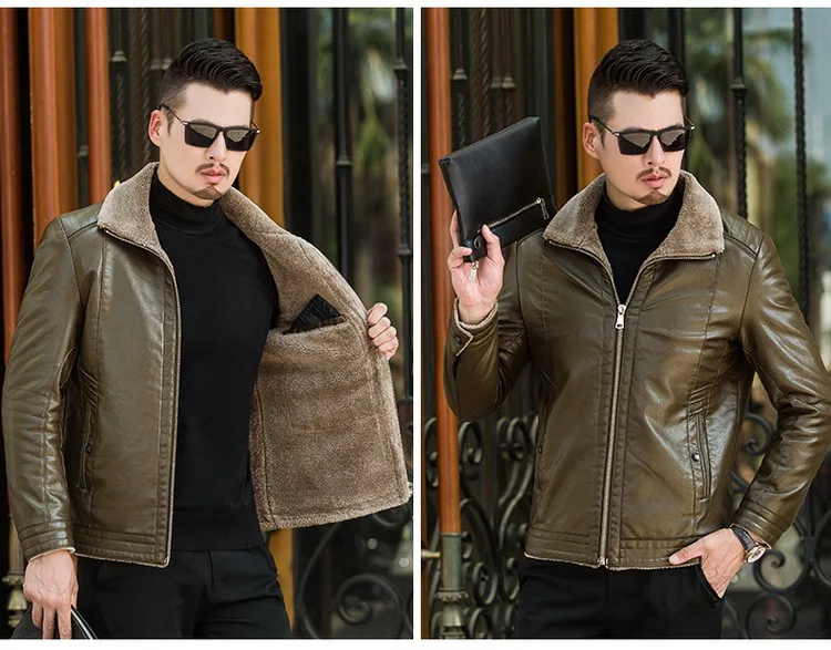 Leather Coat Men's plus Velvet Winter New Style Warm Thick-Casual Fold-down Collar Wind-Resistant Fur Leather Coat Men's