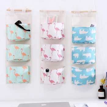 

3 Pocket Hanging Storage Bag Wall Mounted Wardrobe Sundries Hanging Bag Container Fabric Cotton Pouch Cosmetic Toys Organizer