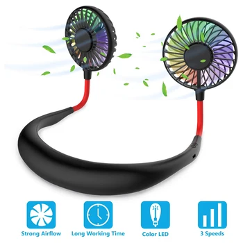 

USB Personal Fan Hands Free Portable Wearable Hanging Neck Fan Rechargeable Mini with 3 Level Air Flow 7 LED Lights for Home