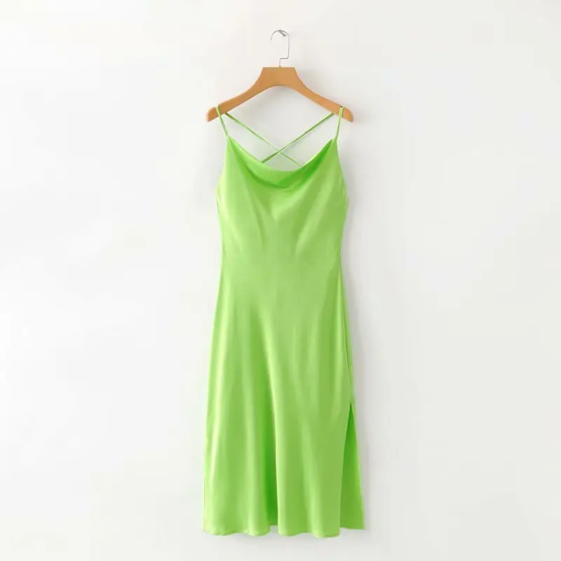 

Europe And America 2019 Autumn New Style Slim Fit Slimming Low-Cut a Green Elasticity Satin Slit Backless Strapped Dress