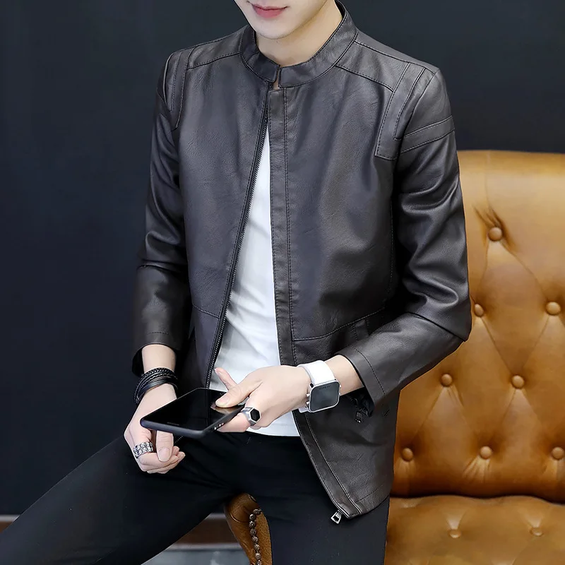 

Spring And Autumn New Style Men Stand Collar Solid Color Korean-style Slim Fit PU Leather Coat Youth Large Size Casual Leather J