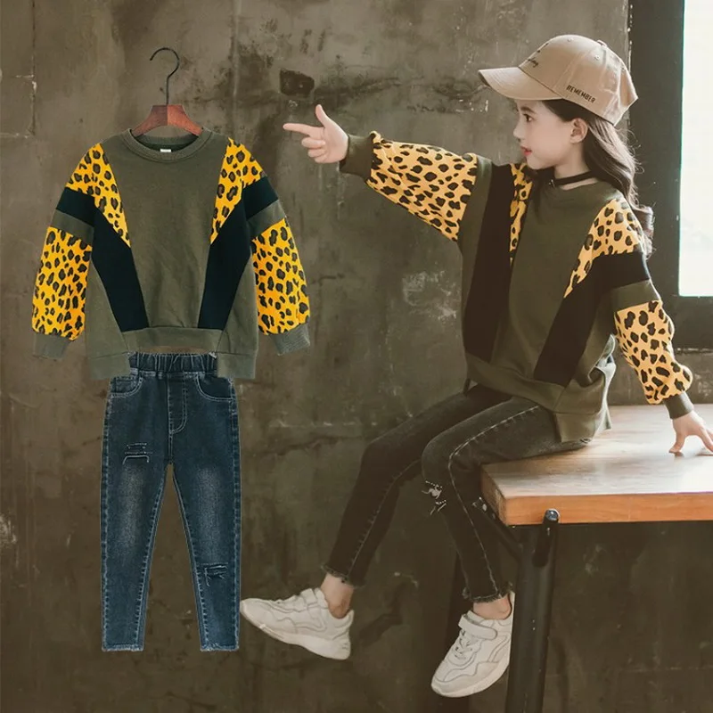 

Autumn Long Sleeve Girl Leopard Stitching Clothes Set Cotton Top + Pants Sweatshirt For Kids Girls Boutique Outfits 4 To 12 Y
