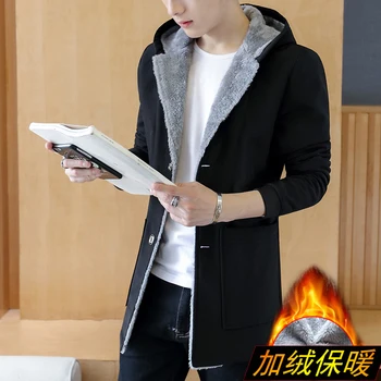 

Winter Men Coat Wool Liner Thick Warm Jacket Plush Liner Slim Fit Single Breasted Outwear Hooded D039