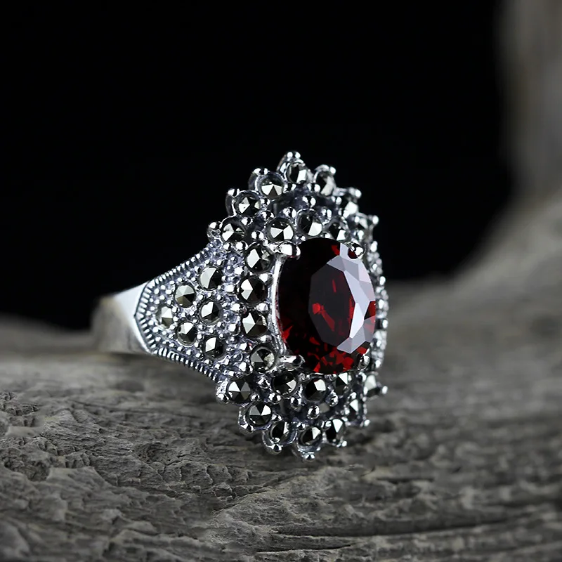 Uglyless Exaggerated Big Size Real Silver Rings for Women Faceted Garnet Adjustable Open Ring Solid 925 Silver Fine Jewelry R990