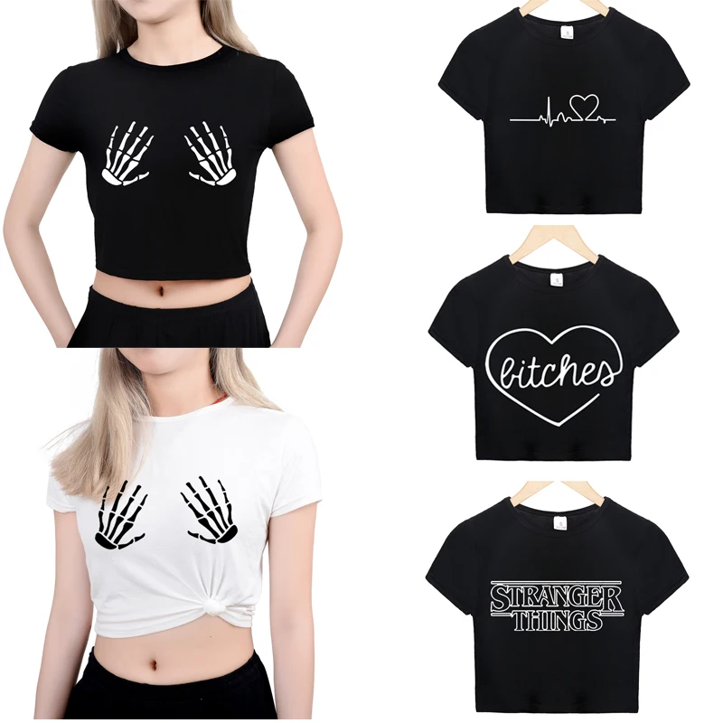 Heartbeat Love STRANGER THIN Bitch Printed Women Cropped top T-shirts Casual Summer Short Sleeve t shirt girls Female Crop Tops |