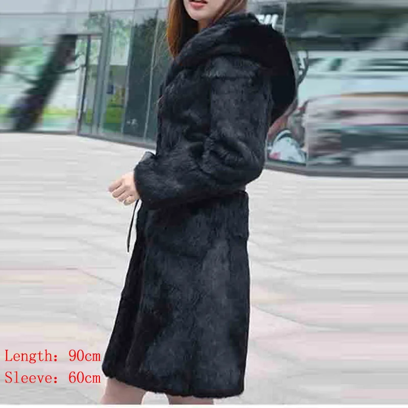 with hood 90cm B 100 см пальто из натурального кроличьего меха с большой отделкой из меха енота, капюшон, стрижка из кроличьего меха, куртки теплые плотные Длинные куртки и пальто - Цвет: with hood 90cm B