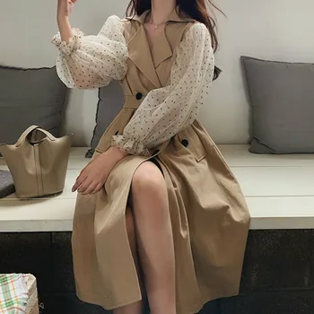 

Fall Classic Fashion Notched Collar Double-breasted Slim Trench Coat Tulle Polka Dot Puff Sleeve Cute Long Coat Women Long Coat