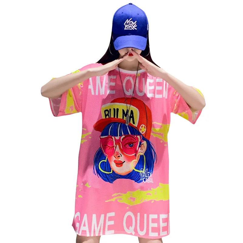 Casual Plus Size Sweat Cartoon Girl Tee O-Neck Tops Half Sleeve Long T-shirt Female Hip Hop Breathable Fabric Women T Shirts | Женская
