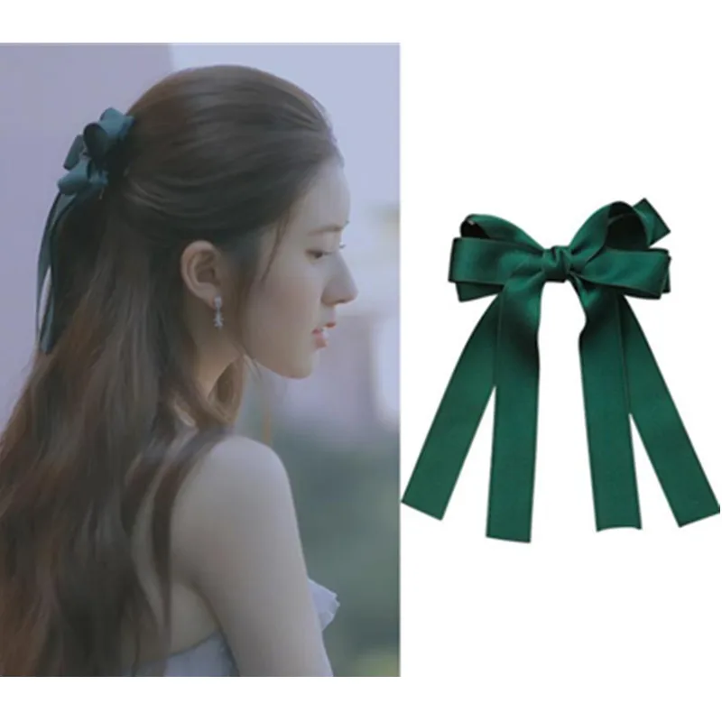 Retro Green Ribbon Bow Hair Snap Clip Lovely Ponytail Hair Ornament Long  Hair Ribbon Clips Solid Headwear Head Clip Hairpin