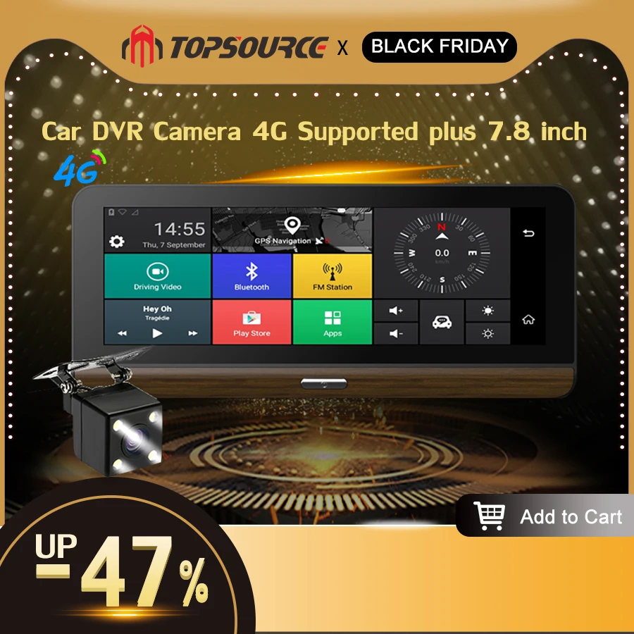 

TOPSOURCE 3G /4G DVR Car Camera Supported plus 7.8 inch Android 5.1 GPS BT Dash Cam Registrar Video Recorder with two cameras