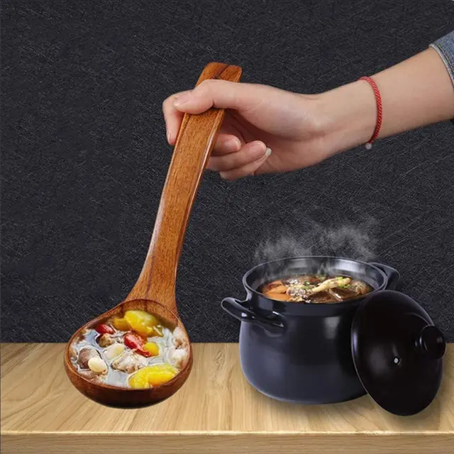 Mestolo per cucchiaio da portata in legno Grande mestolo per zuppa in legno naturale Utensile da cucina Stoviglie fatte a mano per cucina Ristorante Porridge 2