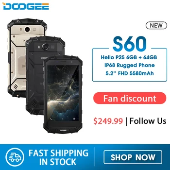 

Real IP68 DOOGEE S60 Wireless Charge 5580mAh 12V2A Quick Charge 5.2'' FHD Helio P25 Octa Core 6GB 64GB Smartphone 21.0MP Camera