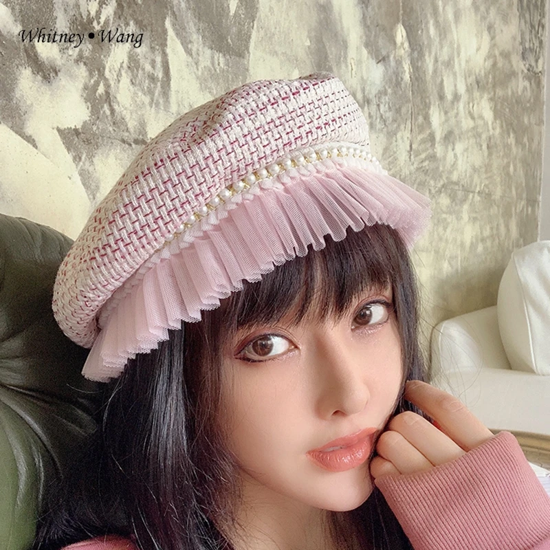 WHITNEY WANG,, Зимняя мода, уличная одежда, жемчуг, бисер, сетка, гофрированный твидовый берет, шапка, женская шапка, кепка s, кепка художника, береты