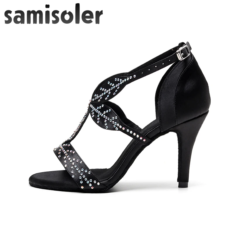 

Samisoler Latin dance shoes zapatos de baile Latina mujer black satin dark rhinestones ladies salsa party ballroom shoes