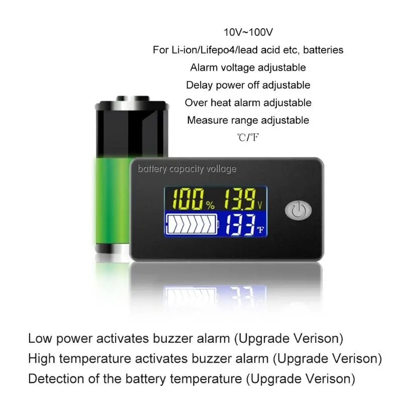 DC 10V~100V Li-ion Lifepo4 Lead acid Battery Capacity Indicator Digital Voltmeter Tester Temperature Monitor 12V 24V 36V 48V 96V 4