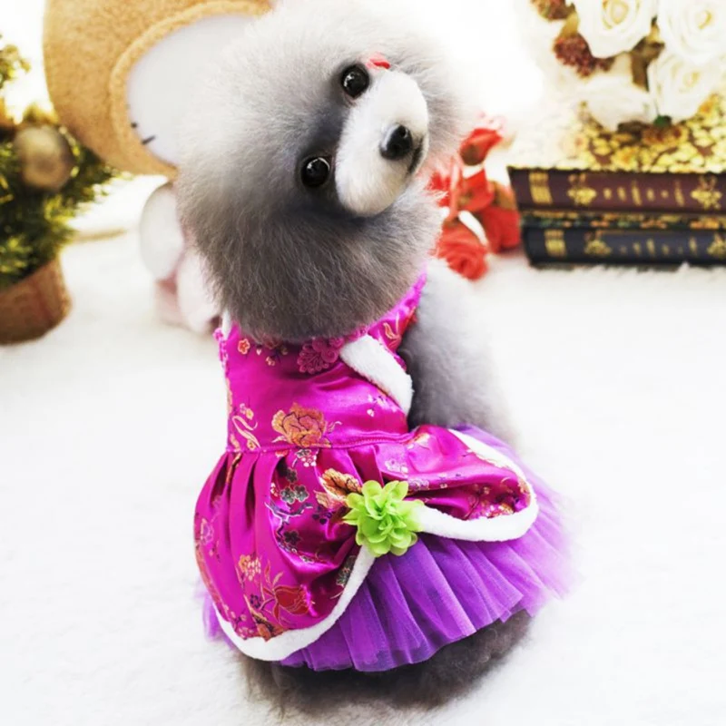 Шелковое платье принцессы для питомцев Одежда в китайском стиле для собак и кошек новогодний костюм в стиле Тан юбка-пачка осенне-зимняя теплая одежда для девочек - Цвет: rose red