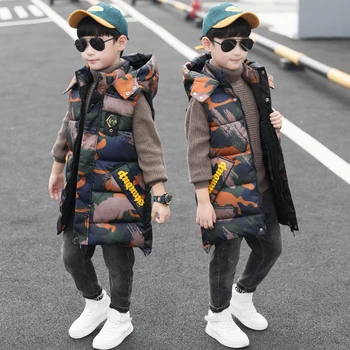 

OLEKID 2020 Autumn Winter Children Boys Camouflage Vest Hooded Warm Long Kids Sleeveless Jacket 3-14 Years Teenage Boy Waistcoat