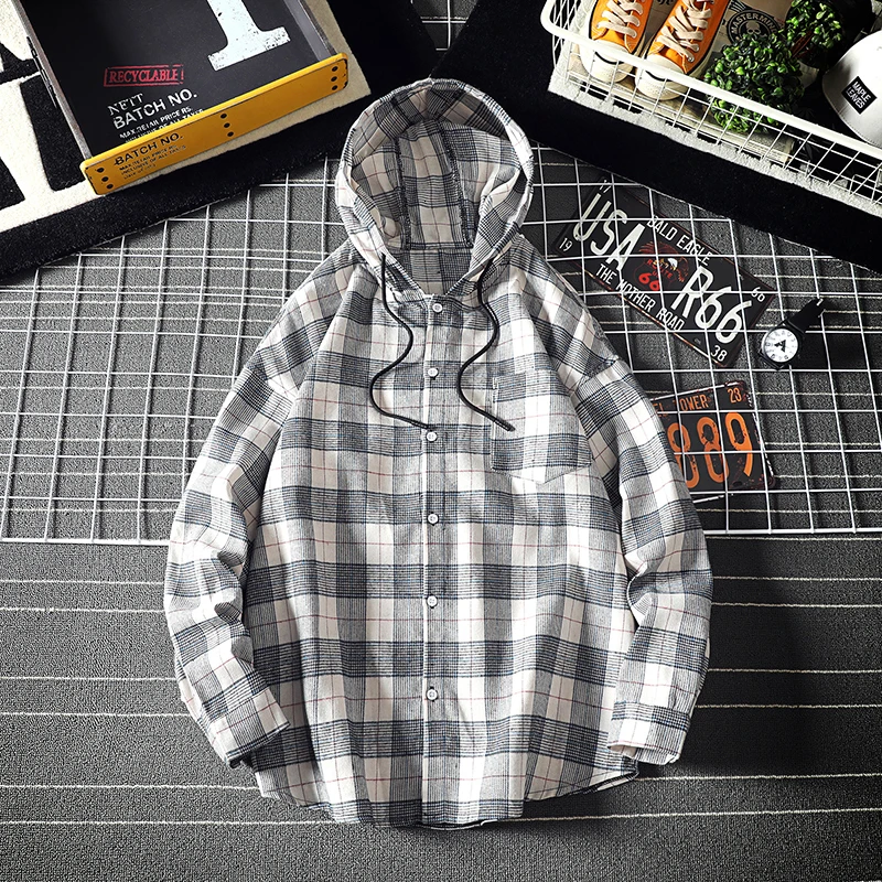 

UYUK2019 Autumn Casual Loose Fashion Trend Hooded Plaid Plus-size Single Breasted Personality Youth Men's Shirt Masculina