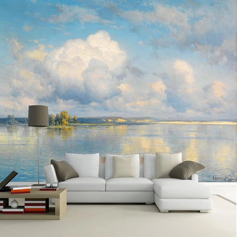 Personalizado Auto-adesivo Papel de Parede Moderno Céu Nuvens Lago Pintura a Óleo Paisagem Mural Sala tv Tema Hotel à Prova Impermeável Água Adesivo