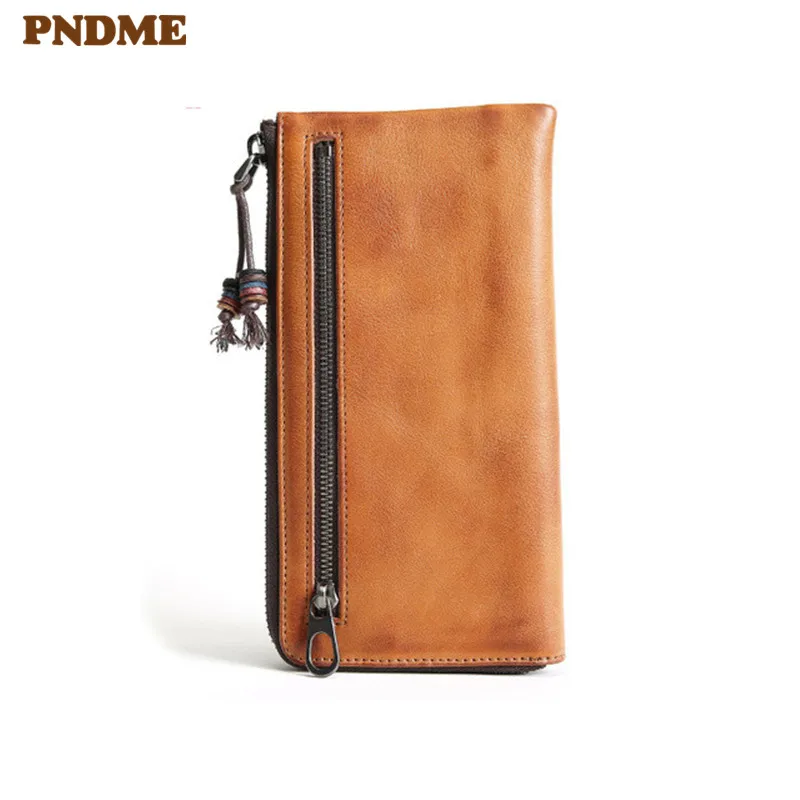 

PNDME fashion vintage genuin leather men's women's wallet high quality soft cowhide long zipper teens card holder phone wallet