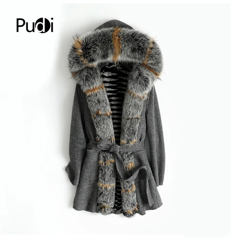 

PUDI ZY18518 Women real wool lattice fabric coat lady Rex rabbit fur lining fox fur collar leisure Fall/Winter wool long outwear