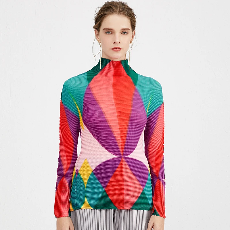 Miyake Pleated Mockneck T-Shirt  Women’s Creative Multi Color Graphic Printed Shirts Turtleneck Long Sleeves Tops Pleats T-Shirts for woman in multicolor red Fall Autumn womens Winter Issey Japanese Designer Fashion