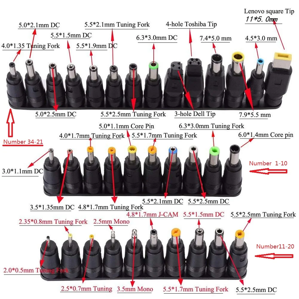 

DC Male 34/sets notebook interface converter universal maintenance power adapter plug Male Jack Converter for Notebook Charger