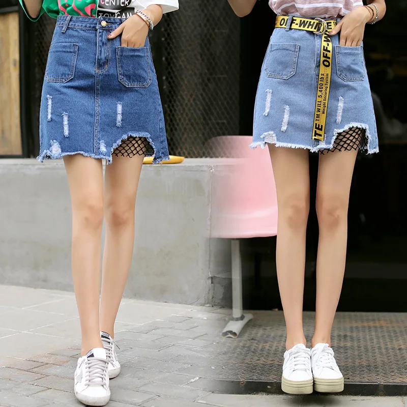 

Photo Shoot Fishnet A- line Skirt 2019 Summer New Style Korean-style Versatile High-waisted Slimming with Holes Denim Skirt Wome