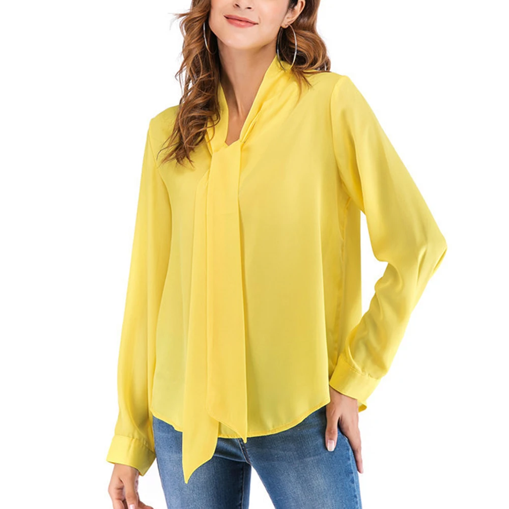 

Women Chiffon Elegant Blouse Long Sleeve Bow Tied Neck Shirts Autumn Tops Office Ladies Solid Work Shirts Plus Size 5XL 2020 New